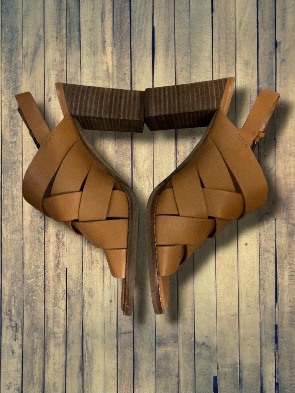 🌺Madewell Cindy Tan Leather Crisscross Stacked Heel Sandals - Picture 4 of 9